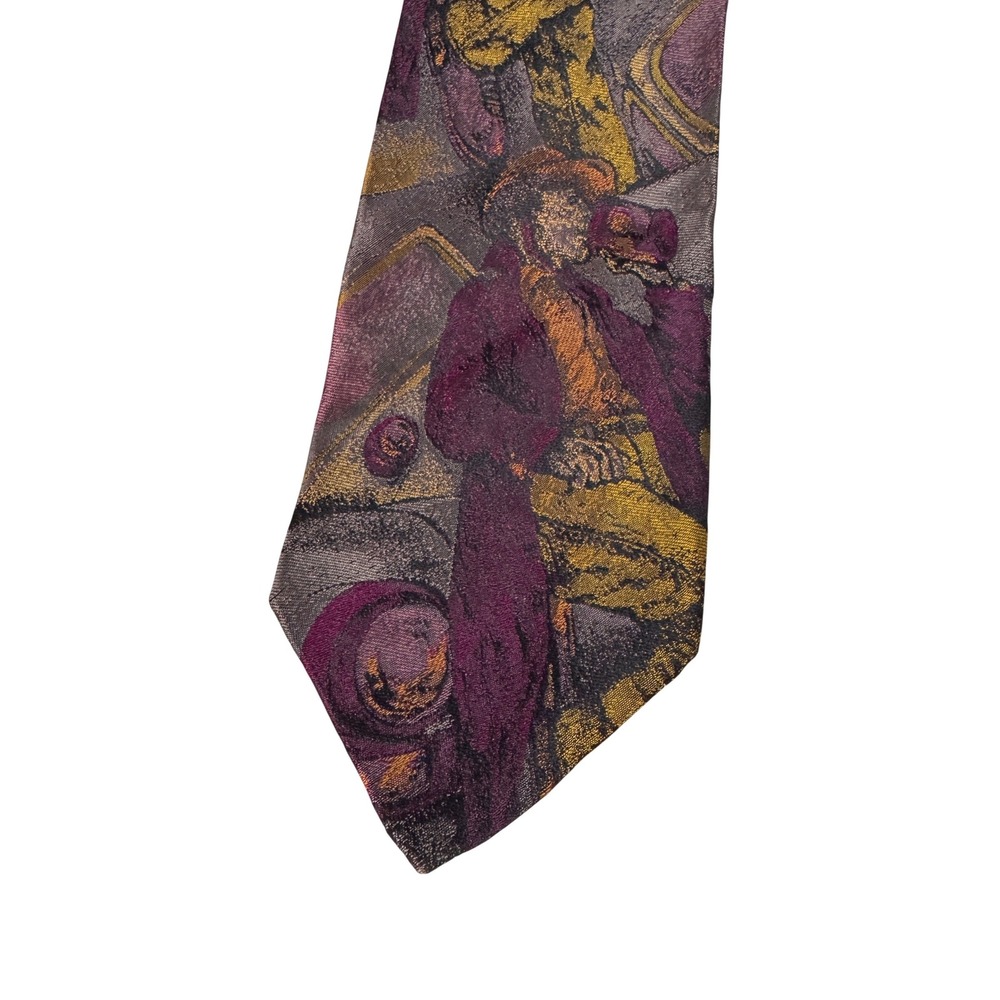 Renato Balestra Silk Tie Mens Purple Gold Figurative Art Jacquard Made in Italy
